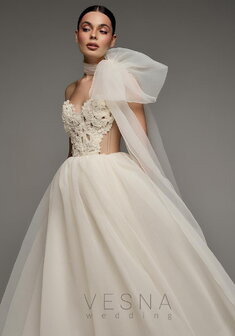 Свадебное платье Прим Миди Крем + Шарф-V70035. С пышной юбкой, короткое без шлейфа.