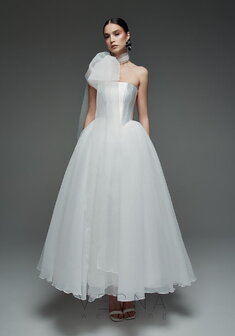 Свадебное платье Элиф Миди + Шарф-V70233. С пышной юбкой, длинное без шлейфа.