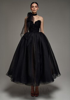 Вечернее платье Прим Миди Дарк + Шарф-V70335. С пышной юбкой, длинное без шлейфа.