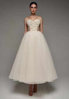 Вечернее платье Прим Миди Крем-V70339. С пышной юбкой, длинное без шлейфа.