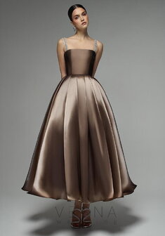 Вечернее платье Теона Миди Шоколад-V70364. С пышной юбкой, длинное без шлейфа.