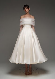 Вечернее платье Грейс Крем + Вуаль-V70379. А-силуэт, длинное без шлейфа.