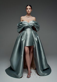 Вечернее платье Зендая Минт + Шлейф-V70399. С прямой юбкой, короткое со шлейфом.