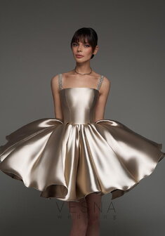 Вечернее платье Теона Мокко-V70422. С пышной юбкой, короткое без шлейфа.