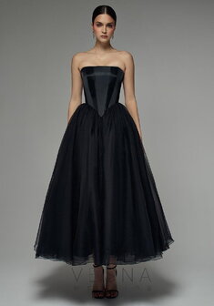 Вечернее платье Элиф Миди Блэк-V70441. С пышной юбкой, длинное без шлейфа.