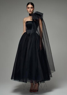 Вечернее платье Элиф Миди Блэк + Шарф-V70442. С пышной юбкой, длинное без шлейфа.