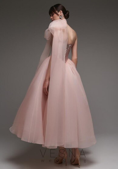 Вечернее платье Элиф Миди Пинк + Шарф-V70038 - Свадебный салон Vesna