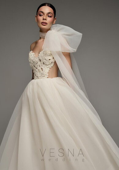 Вечернее платье Прим Миди Крем + Шарф-V70338 - Свадебный салон Vesna