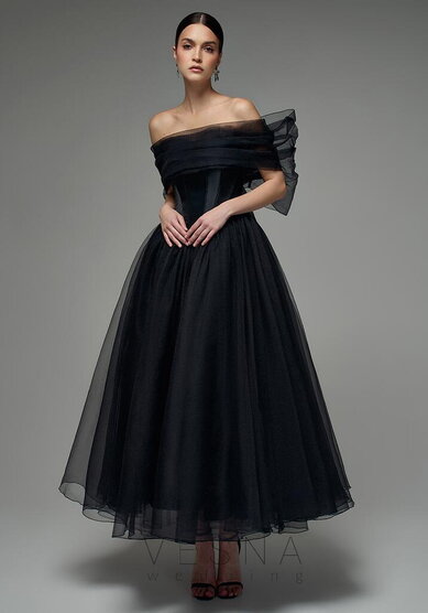 Вечернее платье Элиф Миди Блэк + Бант-V70440 - Свадебный салон Vesna