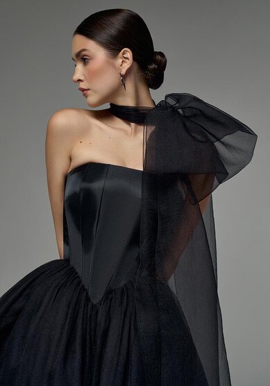 Вечернее платье Элиф Миди Блэк + Шарф-V70442 - Свадебный салон Vesna